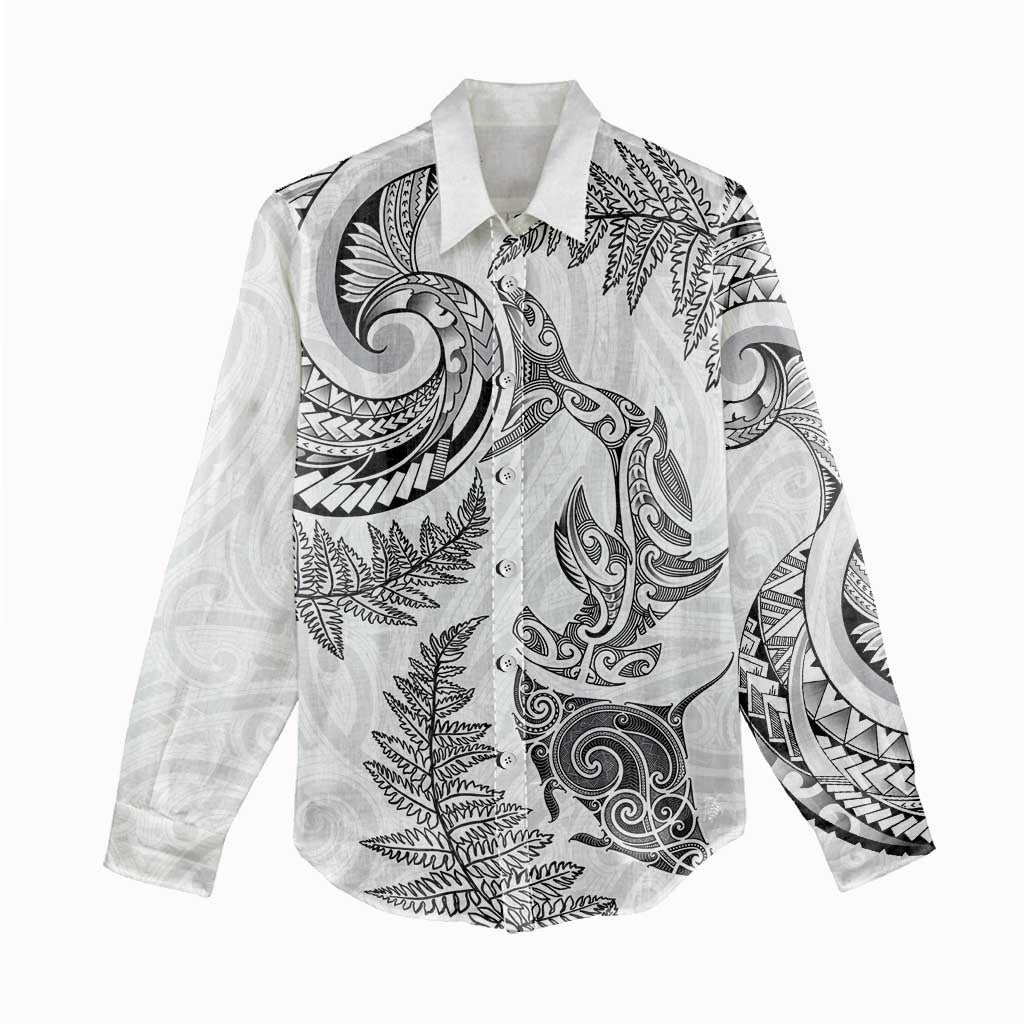 New Zealand Sea Animals with Maori Tribal Tattoo Women Casual Shirt Shark Manta Ray with Silver Fern White LT03 - Polynesian Pride