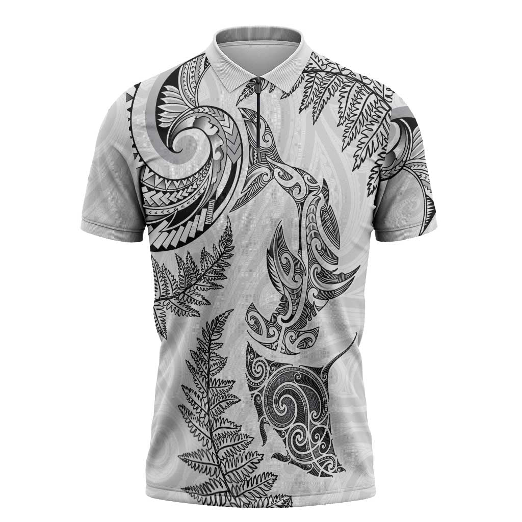 New Zealand Sea Animals with Maori Tribal Tattoo Zipper Polo Shirt Shark Manta Ray with Silver Fern White