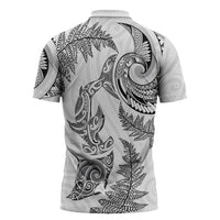New Zealand Sea Animals with Maori Tribal Tattoo Zipper Polo Shirt Shark Manta Ray with Silver Fern White LT03 - Polynesian Pride
