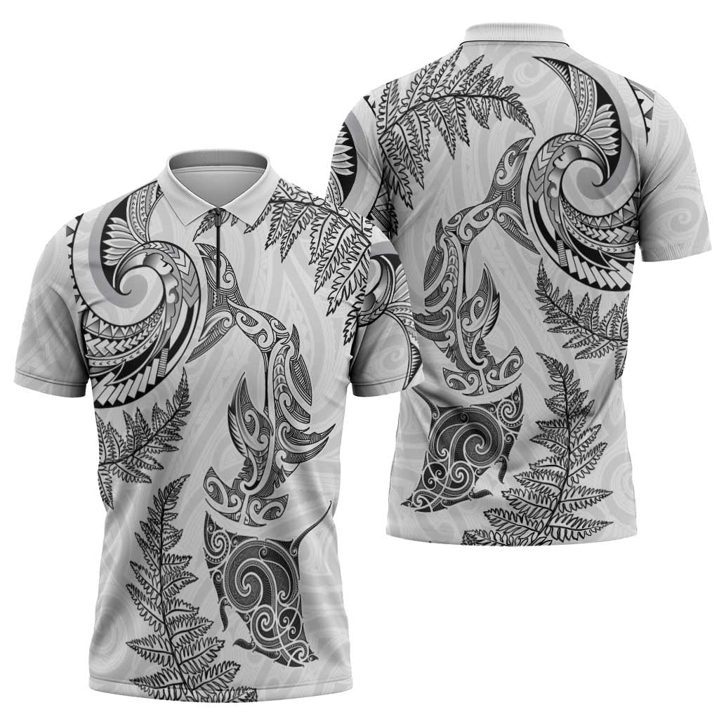 New Zealand Sea Animals with Maori Tribal Tattoo Zipper Polo Shirt Shark Manta Ray with Silver Fern White LT03 - Polynesian Pride
