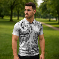 New Zealand Sea Animals with Maori Tribal Tattoo Zipper Polo Shirt Shark Manta Ray with Silver Fern White LT03 - Polynesian Pride
