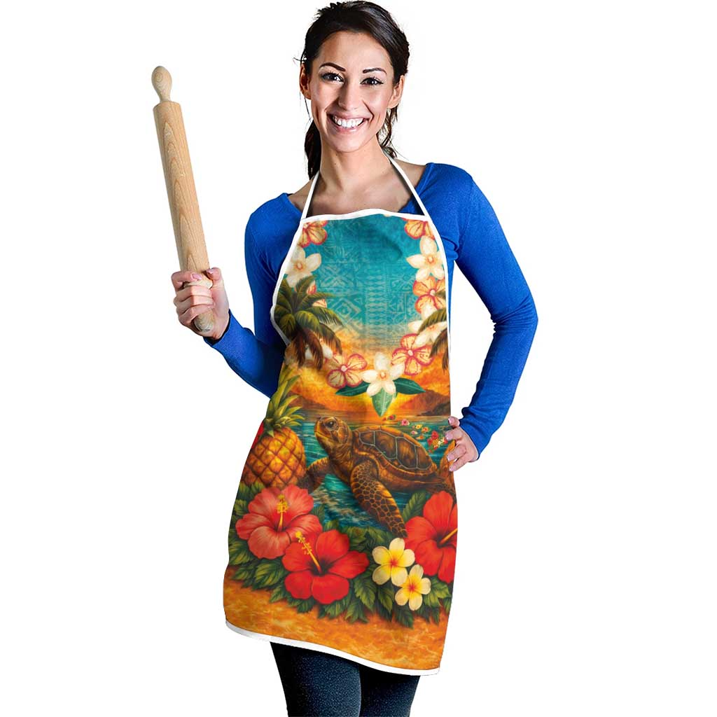 Hawaiian Turtles on Beach Apron with Pineapple Tropical Plant and Lei