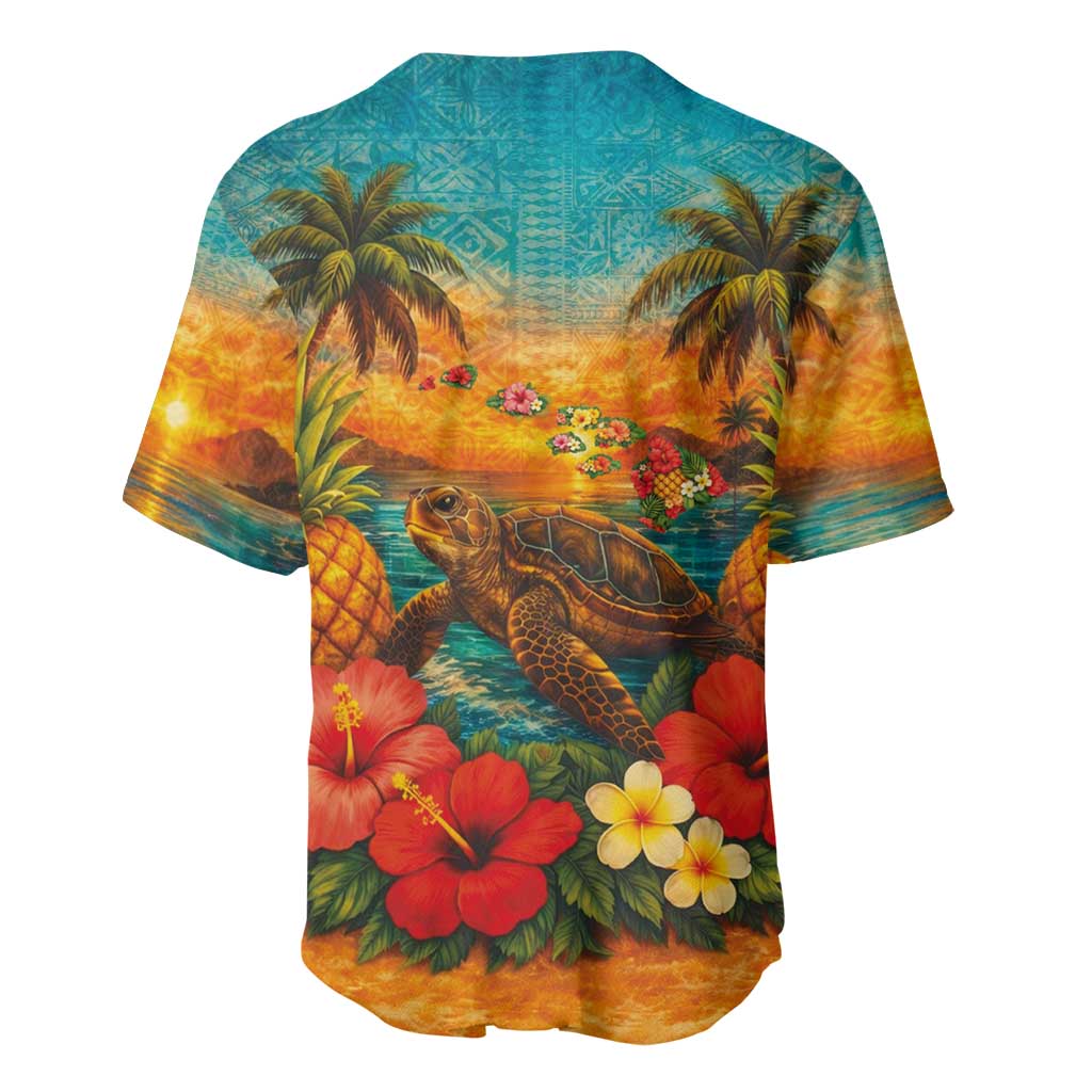 Hawaiian Turtles on Beach Baseball Jersey with Pineapple Tropical Plant and Lei