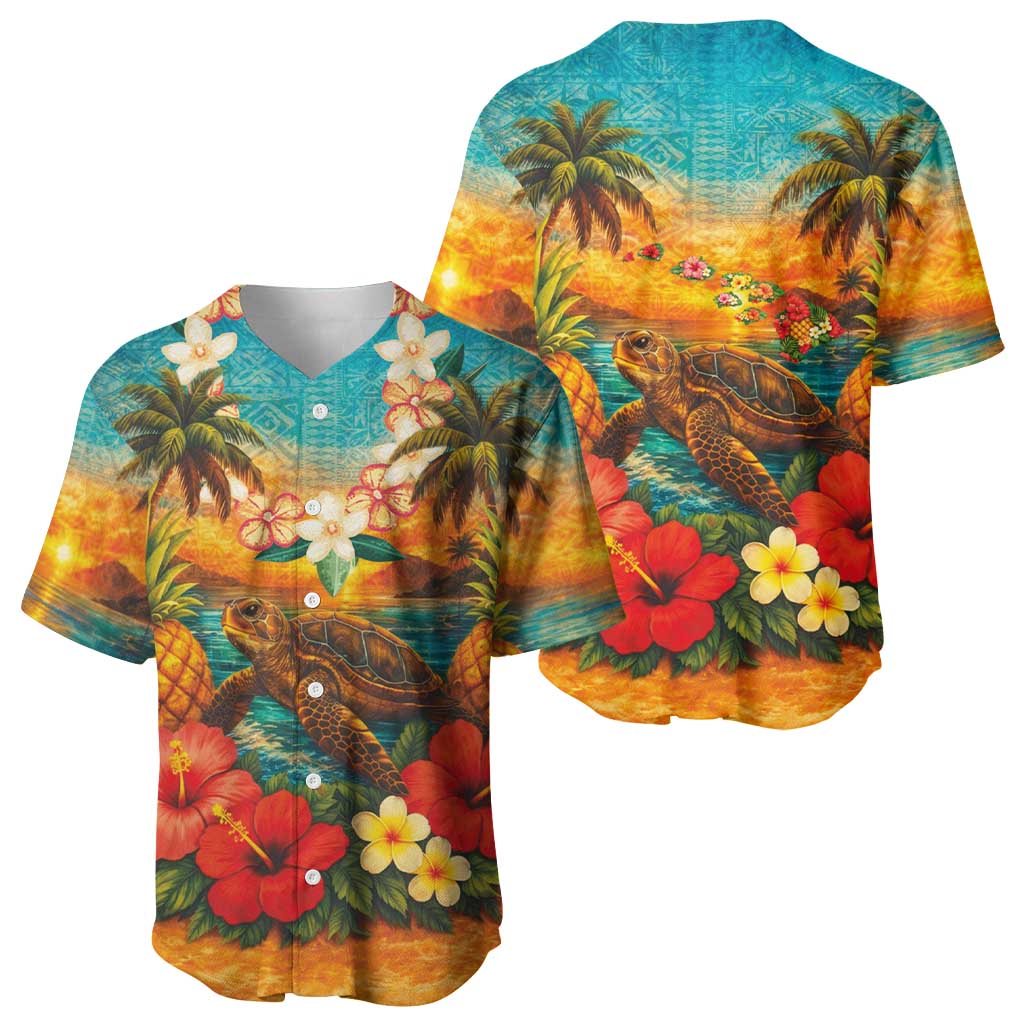 Hawaiian Turtles on Beach Baseball Jersey with Pineapple Tropical Plant and Lei