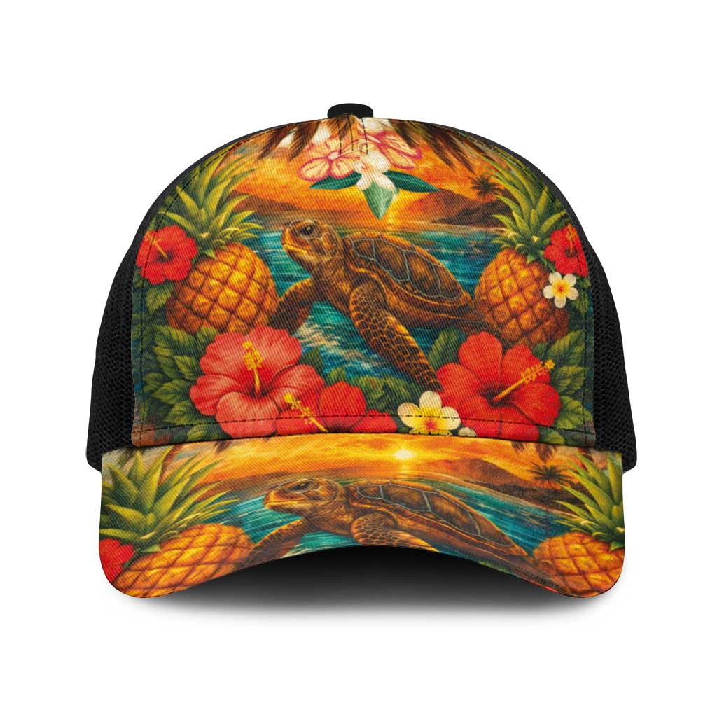 Hawaiian Turtles on Beach Baseball Net Cap with Pineapple Tropical Plant and Lei