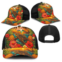Hawaiian Turtles on Beach Baseball Net Cap with Pineapple Tropical Plant and Lei