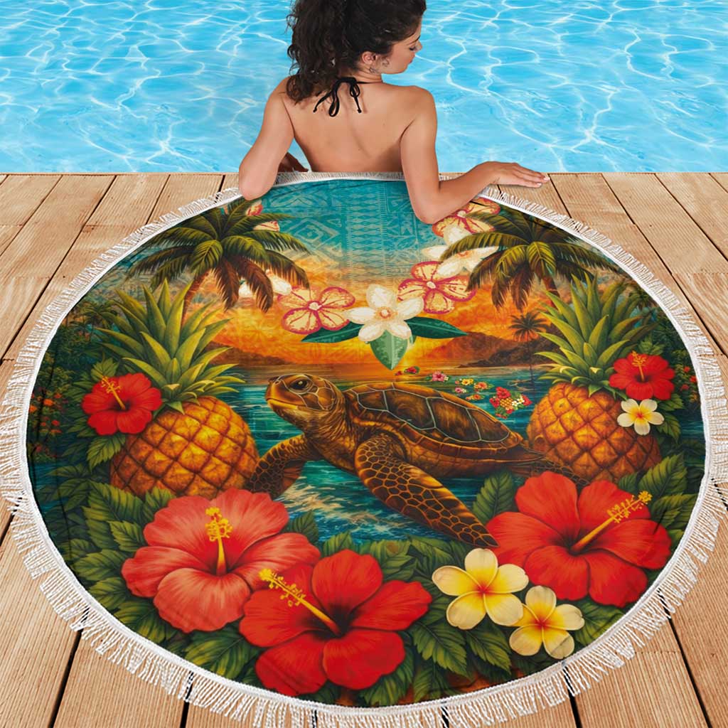 Hawaiian Turtles on Beach Beach Blanket with Pineapple Tropical Plant and Lei