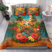 Hawaiian Turtles on Beach Bedding Set with Pineapple Tropical Plant and Lei