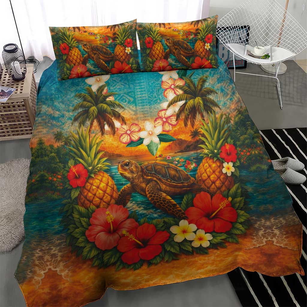 Hawaiian Turtles on Beach Bedding Set with Pineapple Tropical Plant and Lei