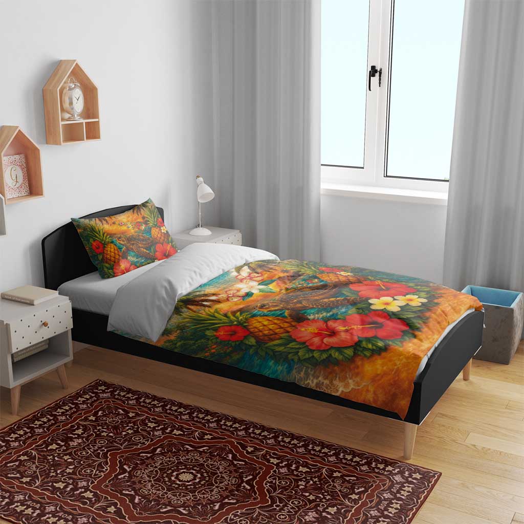 Hawaiian Turtles on Beach Bedding Set with Pineapple Tropical Plant and Lei