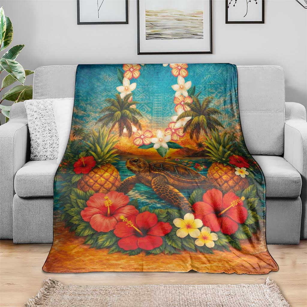 Hawaiian Turtles on Beach Blanket with Pineapple Tropical Plant and Lei