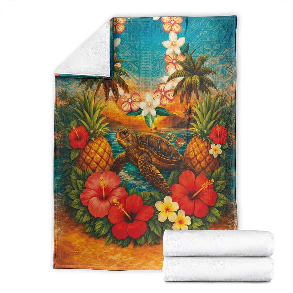 Hawaiian Turtles on Beach Blanket with Pineapple Tropical Plant and Lei