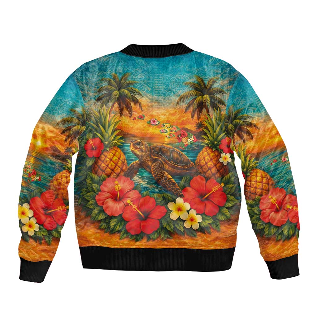 Hawaiian Turtles on Beach Bomber Jacket with Pineapple Tropical Plant and Lei