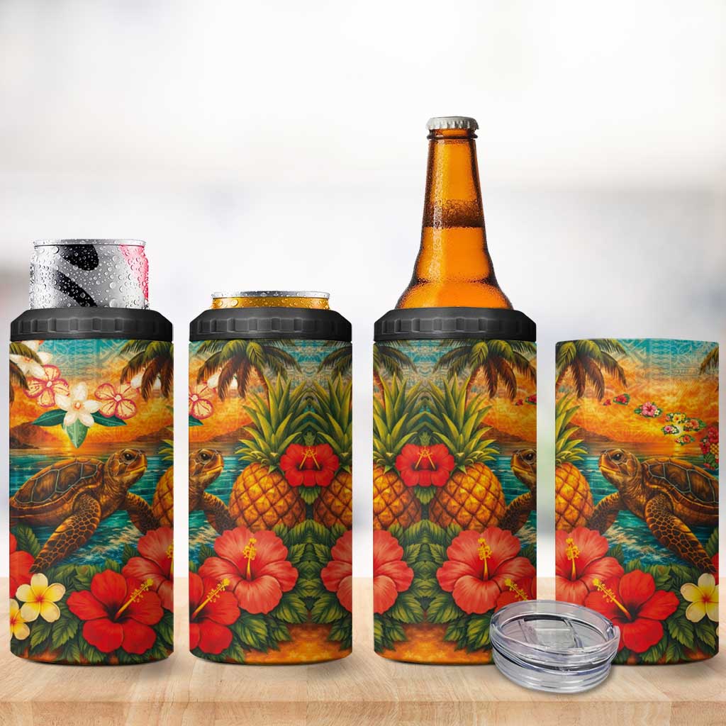 Hawaiian Turtles on Beach 4 in 1 Can Cooler Tumbler with Pineapple Tropical Plant and Lei