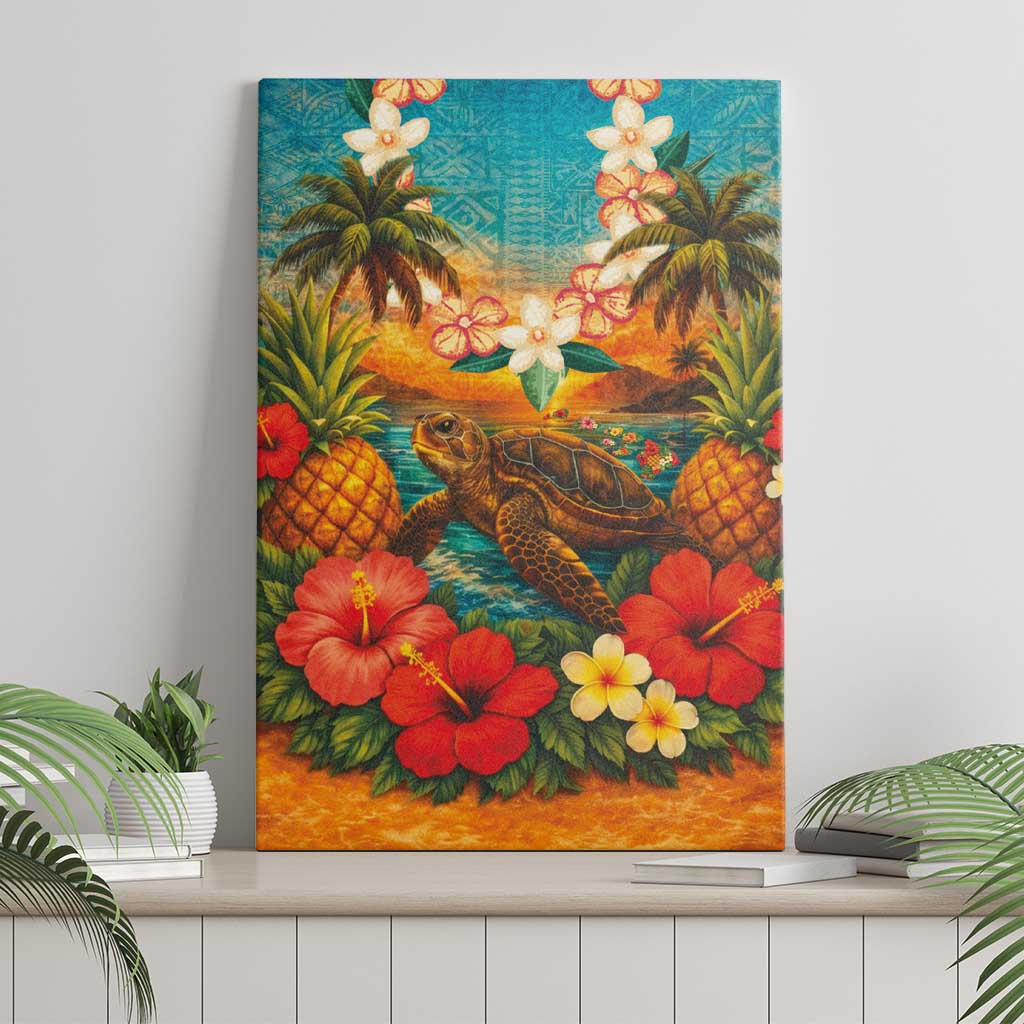 Hawaiian Turtles on Beach Canvas Wall Art with Pineapple Tropical Plant and Lei