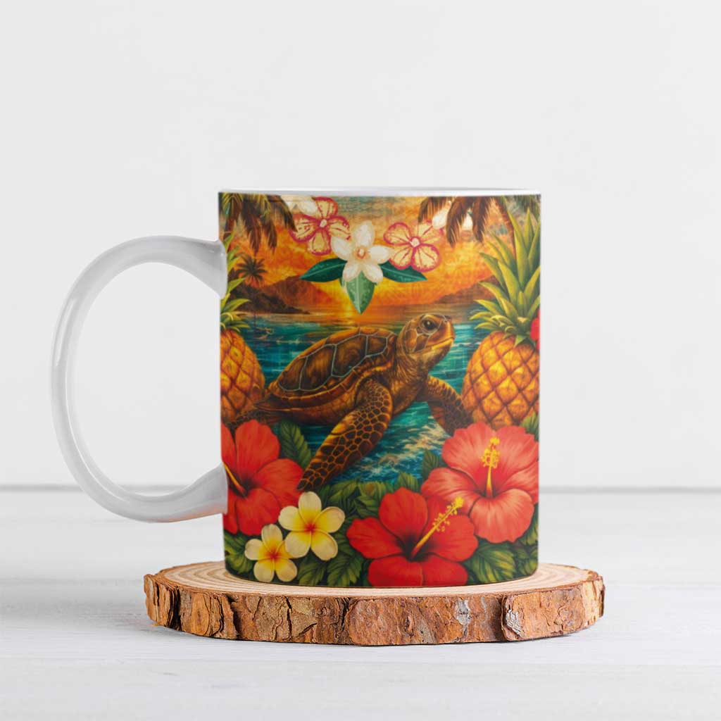 Hawaiian Turtles on Beach Ceramic Mug with Pineapple Tropical Plant and Lei