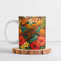 Hawaiian Turtles on Beach Ceramic Mug with Pineapple Tropical Plant and Lei