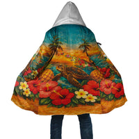 Hawaiian Turtles on Beach Cloak with Pineapple Tropical Plant and Lei