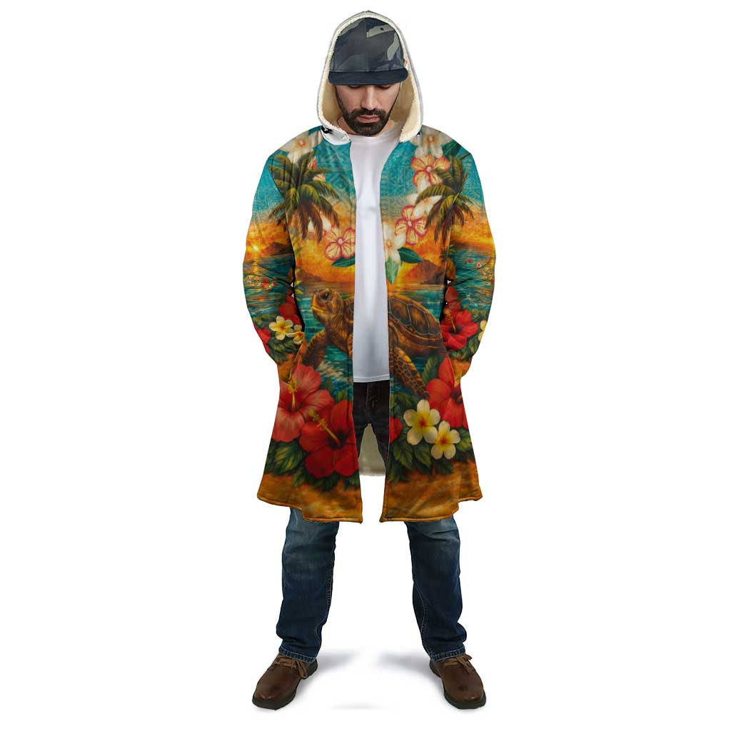 Hawaiian Turtles on Beach Cloak with Pineapple Tropical Plant and Lei