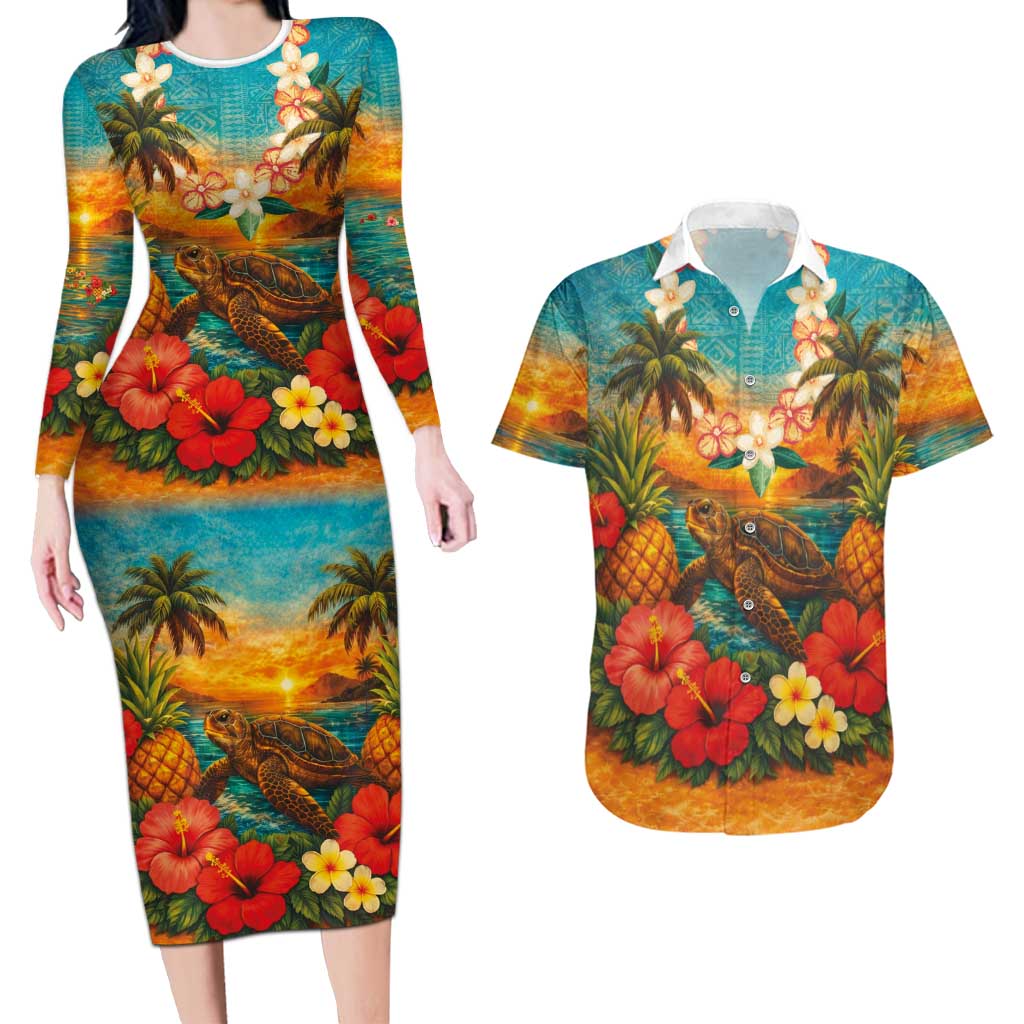 Hawaiian Turtles on Beach Couples Matching Long Sleeve Bodycon Dress and Hawaiian Shirt with Pineapple Tropical Plant and Lei LT03 Multicolor - Polynesian Pride