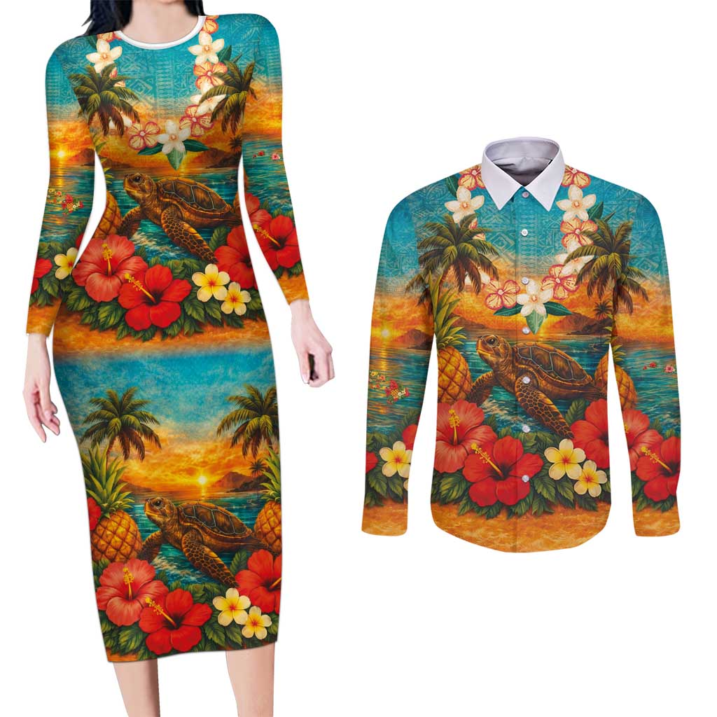 Hawaiian Turtles on Beach Couples Matching Long Sleeve Bodycon Dress and Long Sleeve Button Shirt with Pineapple Tropical Plant and Lei