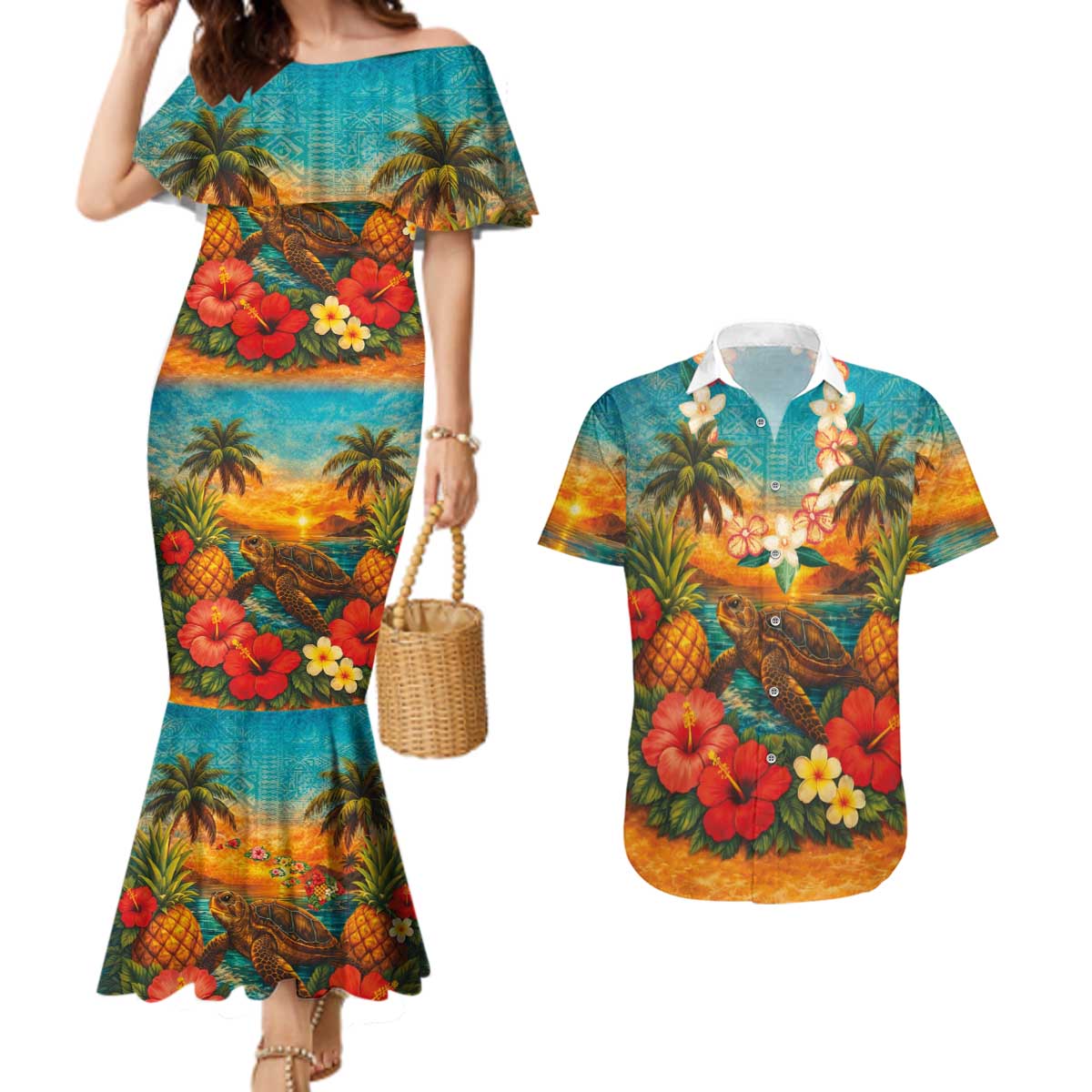 Hawaiian Turtles on Beach Couples Matching Mermaid Dress and Hawaiian Shirt with Pineapple Tropical Plant and Lei