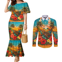 Hawaiian Turtles on Beach Couples Matching Mermaid Dress and Long Sleeve Button Shirt with Pineapple Tropical Plant and Lei