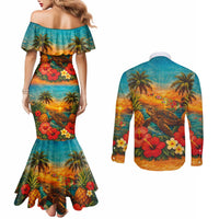 Hawaiian Turtles on Beach Couples Matching Mermaid Dress and Long Sleeve Button Shirt with Pineapple Tropical Plant and Lei