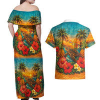Hawaiian Turtles on Beach Couples Matching Off Shoulder Maxi Dress and Hawaiian Shirt with Pineapple Tropical Plant and Lei