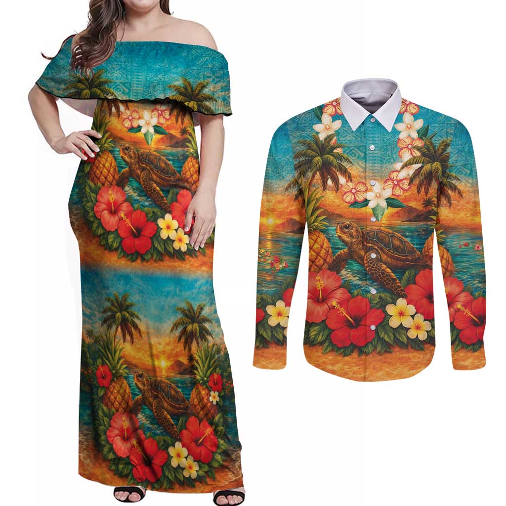 Hawaiian Turtles on Beach Couples Matching Off Shoulder Maxi Dress and Long Sleeve Button Shirt with Pineapple Tropical Plant and Lei