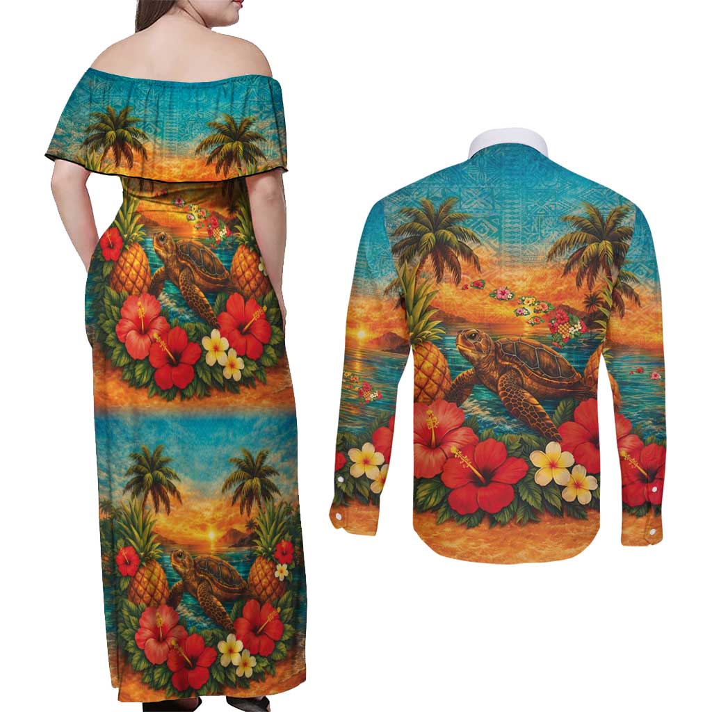 Hawaiian Turtles on Beach Couples Matching Off Shoulder Maxi Dress and Long Sleeve Button Shirt with Pineapple Tropical Plant and Lei