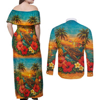 Hawaiian Turtles on Beach Couples Matching Off Shoulder Maxi Dress and Long Sleeve Button Shirt with Pineapple Tropical Plant and Lei