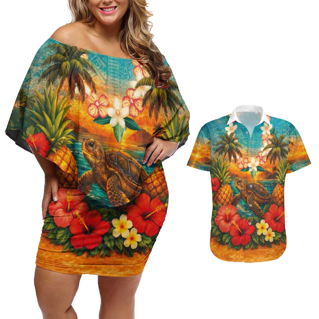 Hawaiian Turtles on Beach Couples Matching Off Shoulder Short Dress and Hawaiian Shirt with Pineapple Tropical Plant and Lei