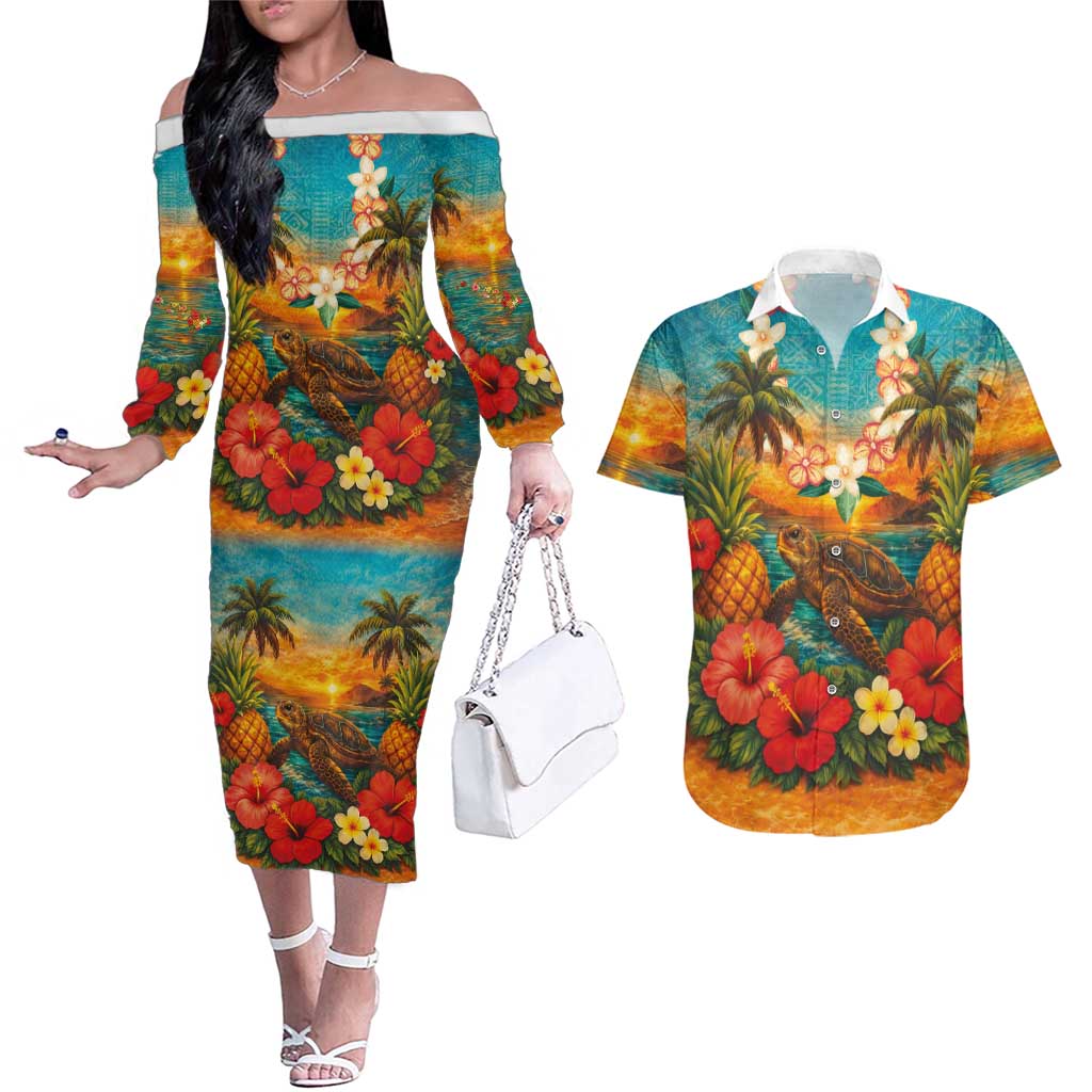 Hawaiian Turtles on Beach Couples Matching Off The Shoulder Long Sleeve Dress and Hawaiian Shirt with Pineapple Tropical Plant and Lei LT03 Multicolor - Polynesian Pride
