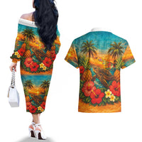 Hawaiian Turtles on Beach Couples Matching Off The Shoulder Long Sleeve Dress and Hawaiian Shirt with Pineapple Tropical Plant and Lei LT03 - Polynesian Pride