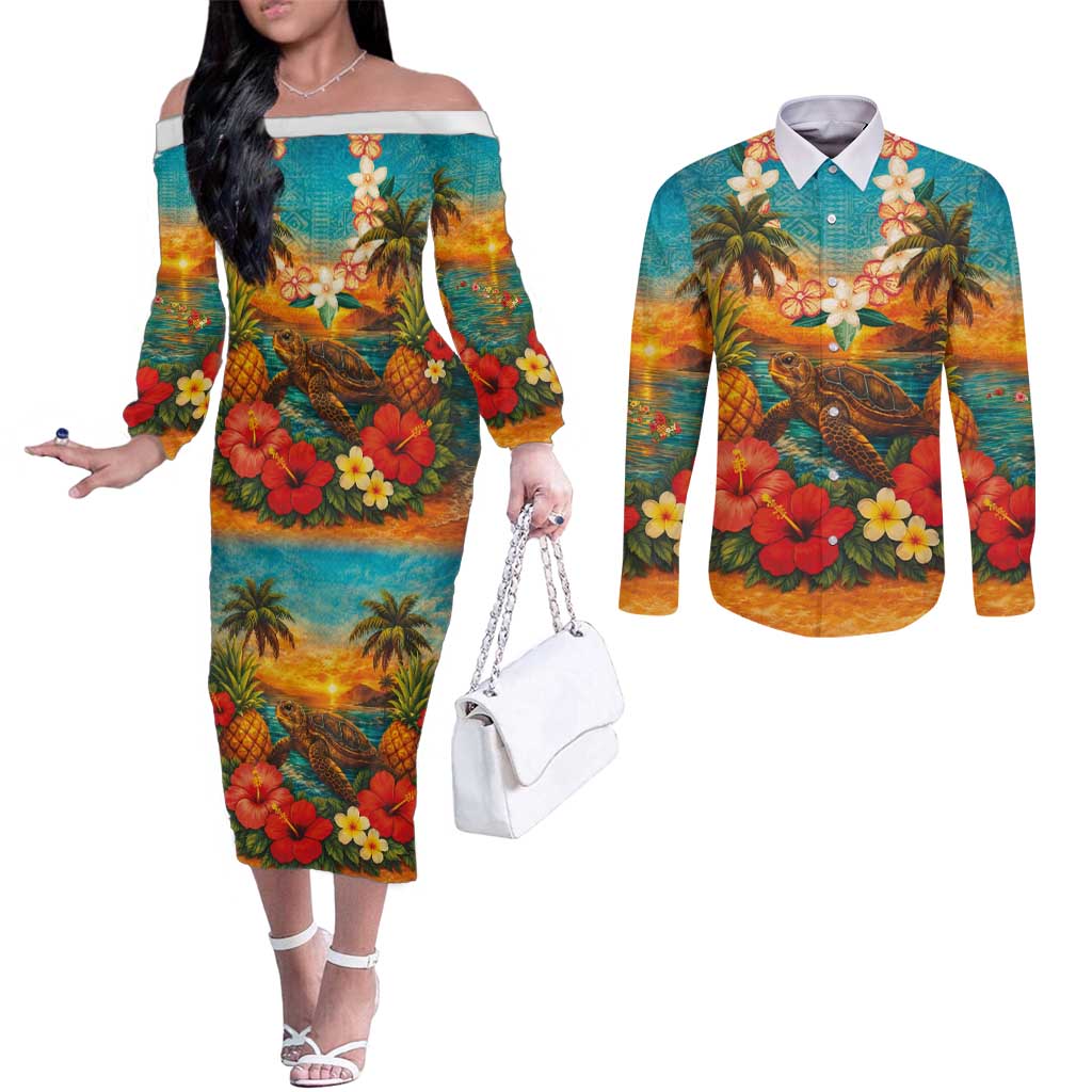 Hawaiian Turtles on Beach Couples Matching Off The Shoulder Long Sleeve Dress and Long Sleeve Button Shirt with Pineapple Tropical Plant and Lei