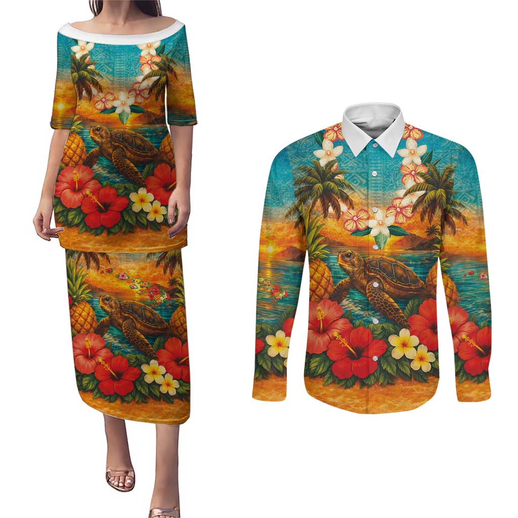 Hawaiian Turtles on Beach Couples Matching Puletasi and Long Sleeve Button Shirt with Pineapple Tropical Plant and Lei
