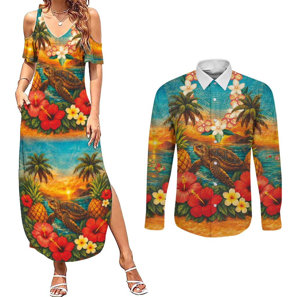 Hawaiian Turtles on Beach Couples Matching Summer Maxi Dress and Long Sleeve Button Shirt with Pineapple Tropical Plant and Lei