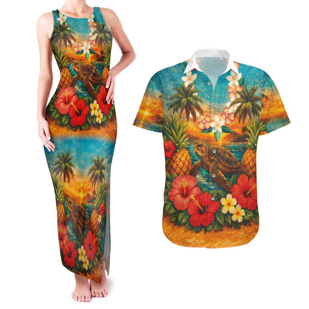 Hawaiian Turtles on Beach Couples Matching Tank Maxi Dress and Hawaiian Shirt with Pineapple Tropical Plant and Lei LT03 Multicolor - Polynesian Pride