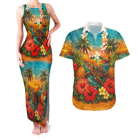 Hawaiian Turtles on Beach Couples Matching Tank Maxi Dress and Hawaiian Shirt with Pineapple Tropical Plant and Lei LT03 Multicolor - Polynesian Pride