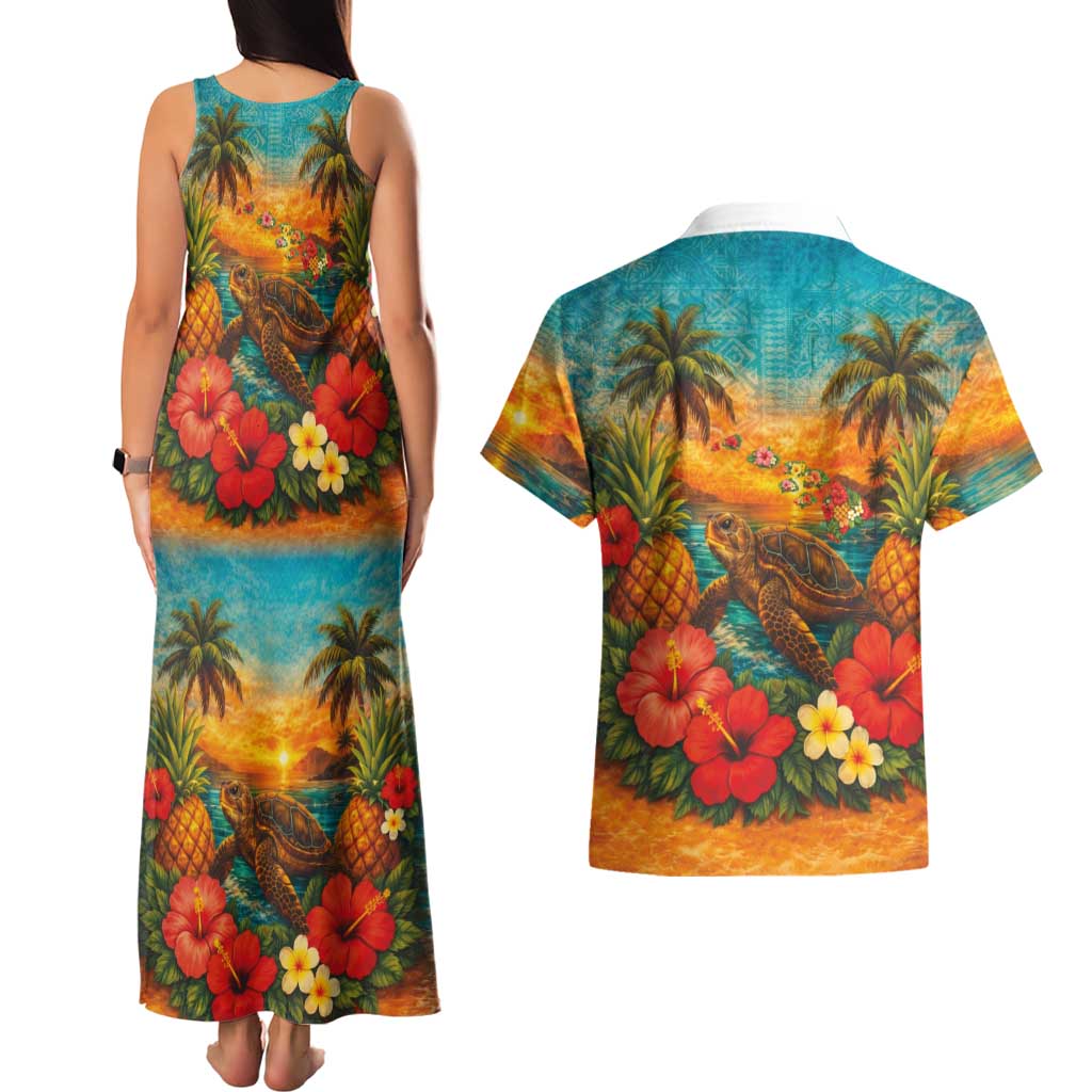 Hawaiian Turtles on Beach Couples Matching Tank Maxi Dress and Hawaiian Shirt with Pineapple Tropical Plant and Lei LT03 - Polynesian Pride