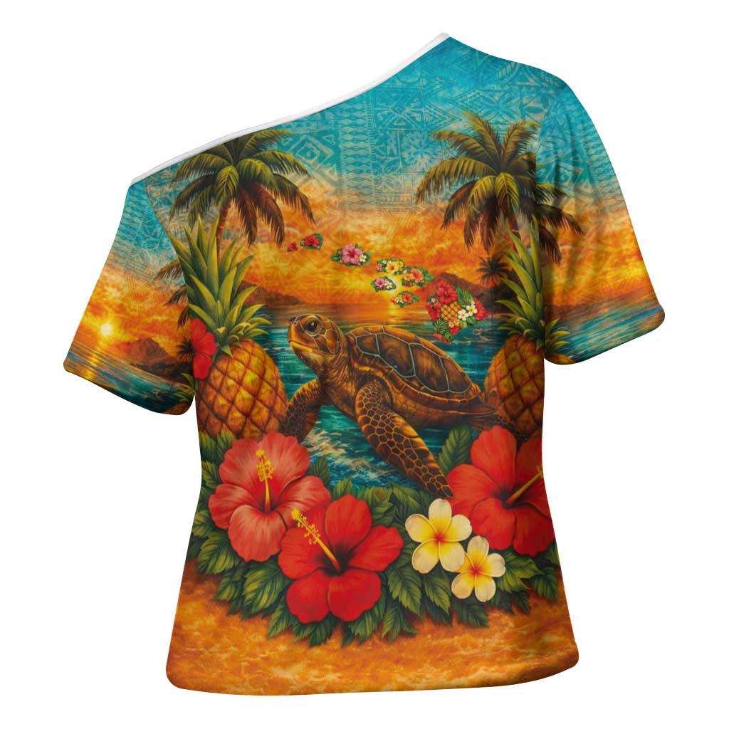 Hawaiian Turtles on Beach Cross Shoulder Shirt with Pineapple Tropical Plant and Lei