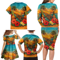 Hawaiian Turtles on Beach Family Matching Long Sleeve Bodycon Dress and Hawaiian Shirt with Pineapple Tropical Plant and Lei LT03 - Polynesian Pride