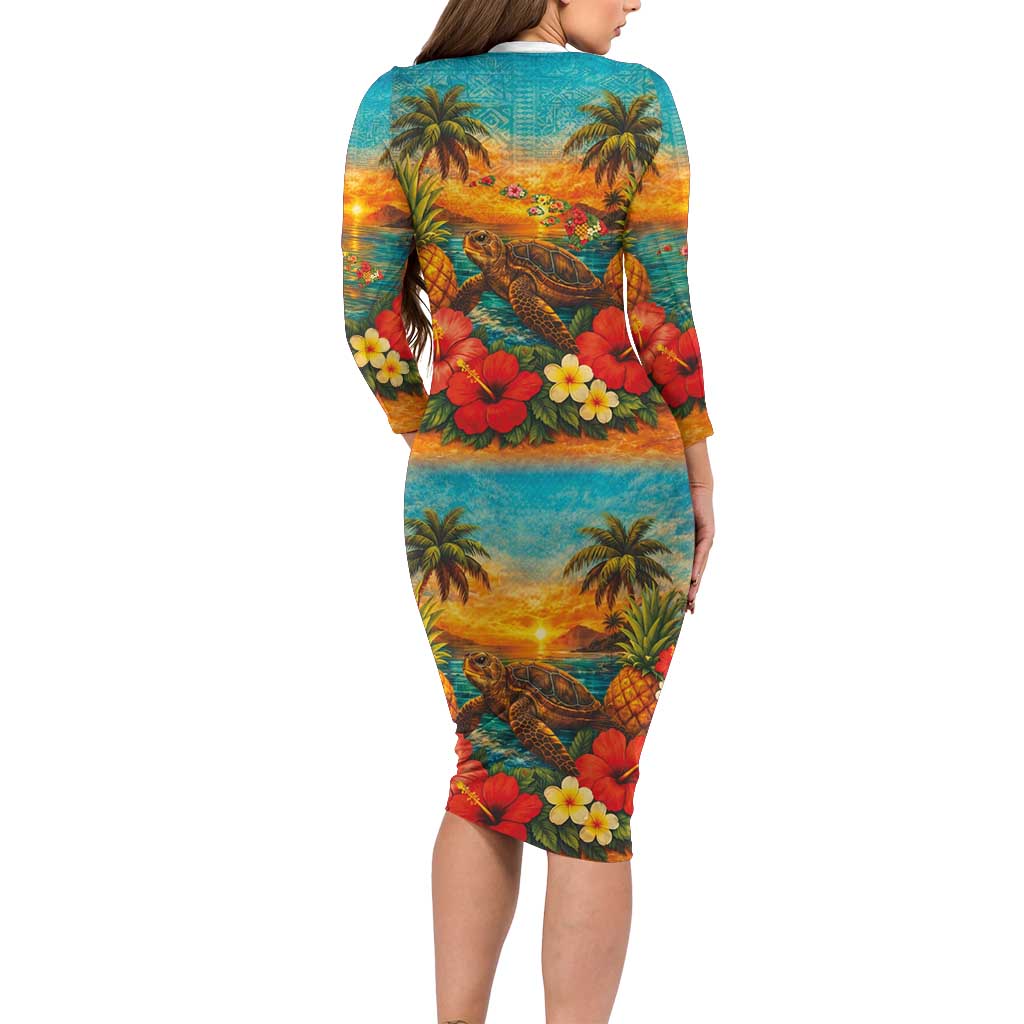 Hawaiian Turtles on Beach Family Matching Long Sleeve Bodycon Dress and Hawaiian Shirt with Pineapple Tropical Plant and Lei LT03 - Polynesian Pride