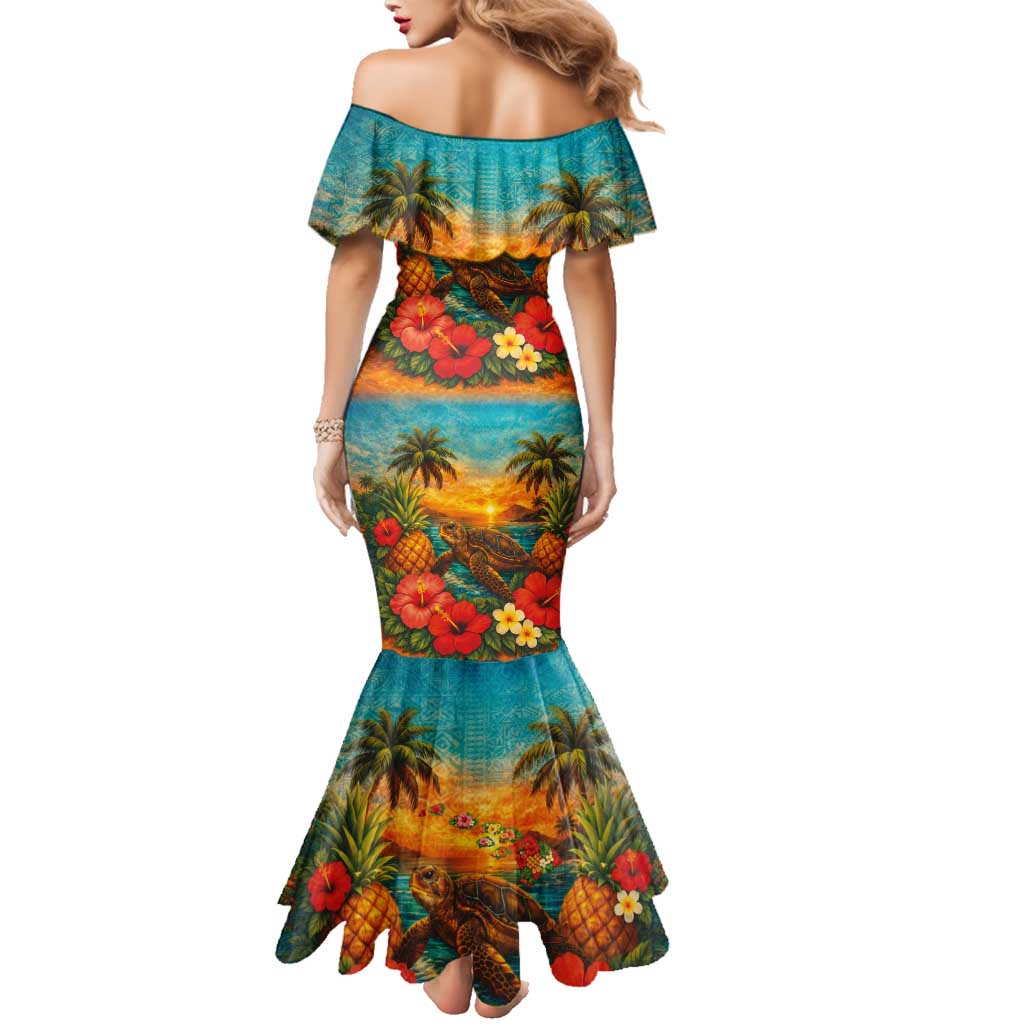 Hawaiian Turtles on Beach Family Matching Mermaid Dress and Hawaiian Shirt with Pineapple Tropical Plant and Lei LT03 - Polynesian Pride
