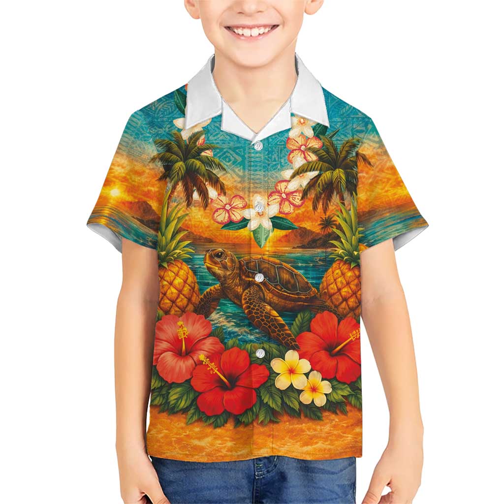 Hawaiian Turtles on Beach Family Matching Mermaid Dress and Hawaiian Shirt with Pineapple Tropical Plant and Lei LT03 Son's Shirt Multicolor - Polynesian Pride
