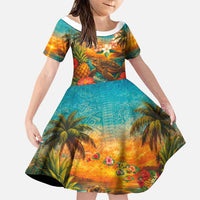Hawaiian Turtles on Beach Family Matching Off Shoulder Maxi Dress and Hawaiian Shirt with Pineapple Tropical Plant and Lei LT03 Daughter's Dress Multicolor - Polynesian Pride