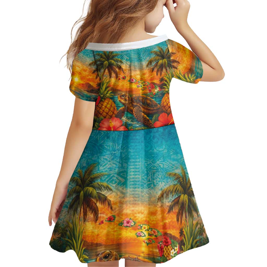 Hawaiian Turtles on Beach Family Matching Off Shoulder Maxi Dress and Hawaiian Shirt with Pineapple Tropical Plant and Lei LT03 - Polynesian Pride