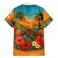 Hawaiian Turtles on Beach Family Matching Off Shoulder Maxi Dress and Hawaiian Shirt with Pineapple Tropical Plant and Lei LT03 - Polynesian Pride