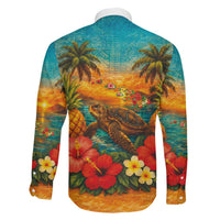 Hawaiian Turtles on Beach Family Matching Off Shoulder Maxi Dress and Hawaiian Shirt with Pineapple Tropical Plant and Lei LT03 - Polynesian Pride